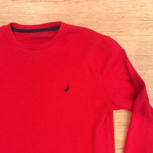 Nautica Mens Red Waffle Knit Thermal Long Sleeve Sleep Shirt Medium Logo